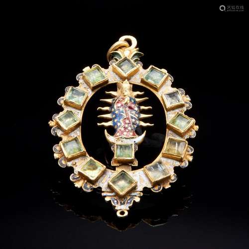 Antique gold pendant with enamels and peridots