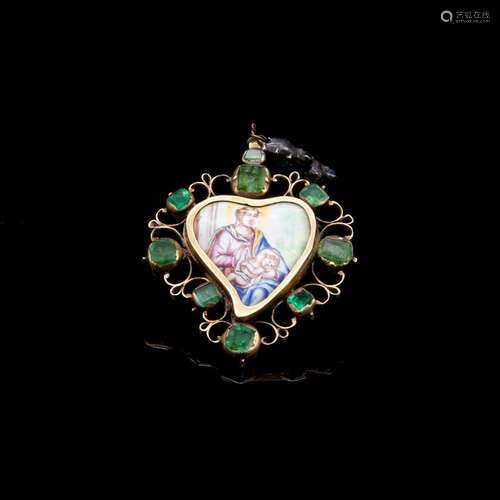 Antique gold pendant with enamels and emeralds