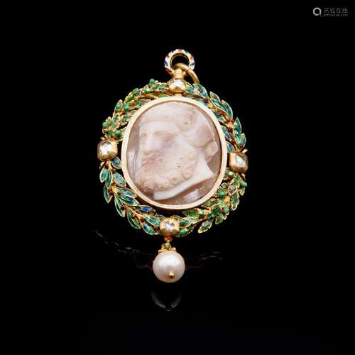 Antique gold pendant with enamels, cameo and dangling pearl