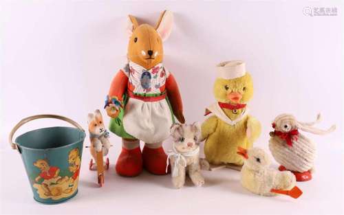 Various plush animals and bucket, mid 20th century.