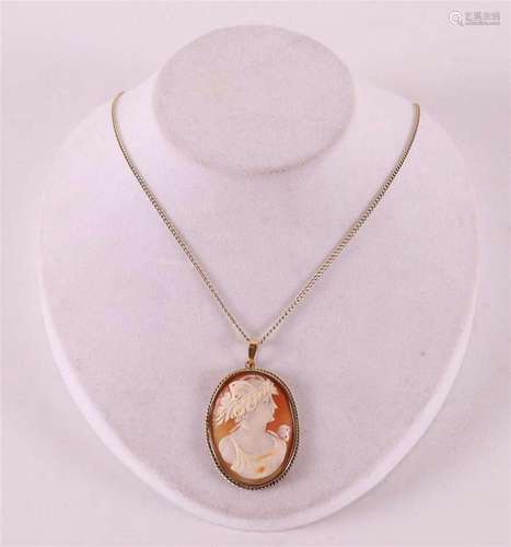 A shell cameo in a 14 kt gold frame on a gold necklace.