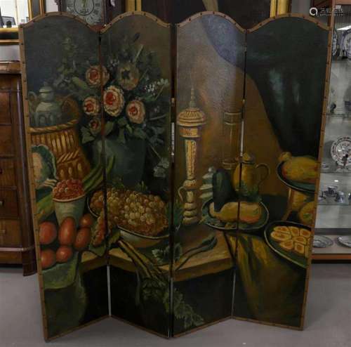 A four-fold folding screen with hand-painted floral decor.