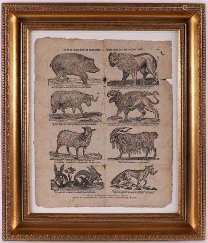A framed penny print depicting animals, 18th century.