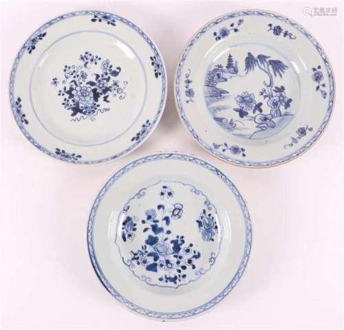 Three assorted blue/white porcelain plates, China, Qianlong,...