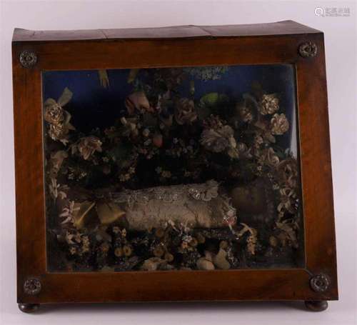 A wax doll in mahogany display case, 19th century