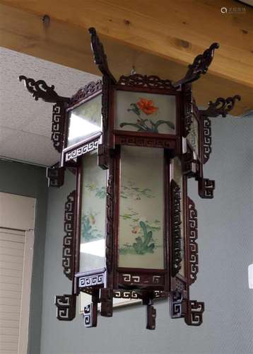 A hexagonal Chinese lantern with hand-painted glass panels, ...