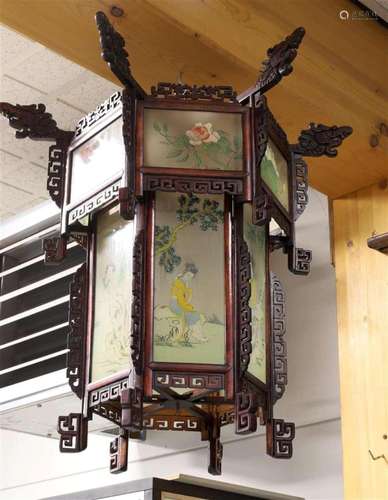 A hexagonal Chinese lantern with hand-painted glass panels, ...