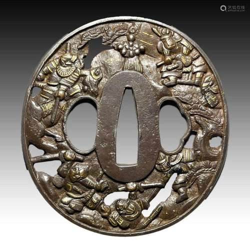 AN IRON TSUBA DEPICTING FIGHTING SCENES, MEIJI PERIOD