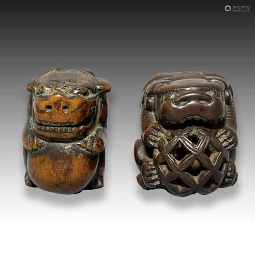 TWO WOOD NETSUKE SHI SHI DOGS PLAYING WITH A BALL, MEIJI PER...