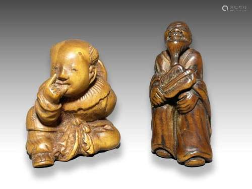 TWO WOOD NETSUKE OF A SENNIN IMMORTAL & A TEASING BOY, M...