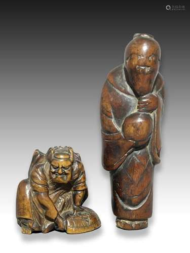 TWO WOOD NETSUKE OF A SHOKI & SENNIN, MEIJI PERIOD