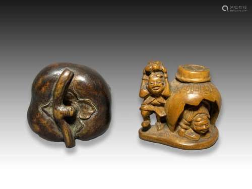 TWO WOOD NETSUKE OF A KAKI & TWO BOYS PLAYING, MEIJI PER...