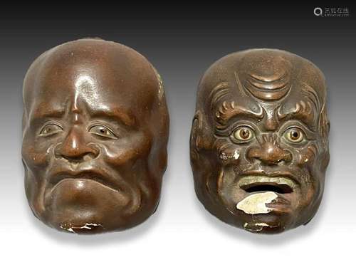 TWO JAPANESE LACQUER MASK, MEIJI PERIOD