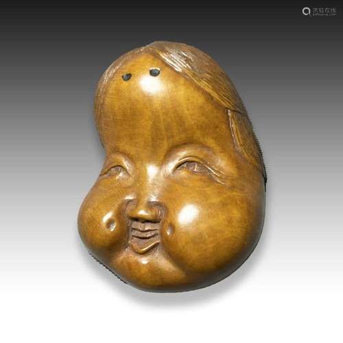 MASANAO A WOOD NETSUKE OKAME, ISE PROVINCE, MEIJI PERIOD