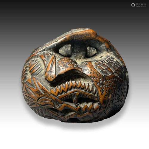 DRAGON IN ORANGE, A WOOD NETSUKE, TOYOMASA SCHOOL, MEIJI PER...