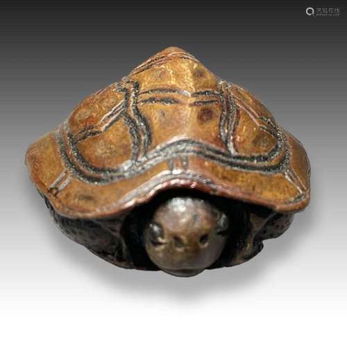 A WOOD NETSUKE OF A SEA TURTLE, MEIJI PERIOD