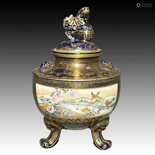 SIGNED KINKOZAN JAPANESE SATSUMA TRIPOD POT, 19TH CENTURY, M...