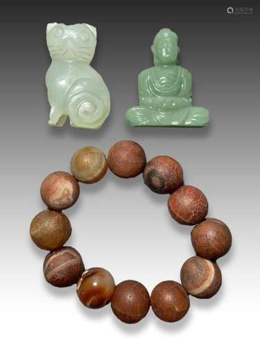 A CHINESE JADE BUDDHA, CAT & HARD STONE BRACELET, QING D...