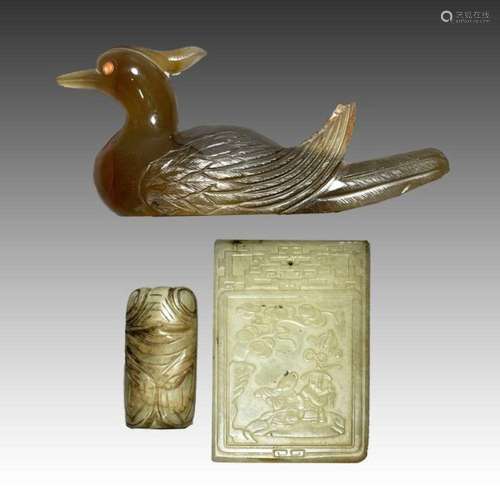 TWO CHINESE RUSSET JADE PLAQUES & AN AGATE DUCK, QING DY...