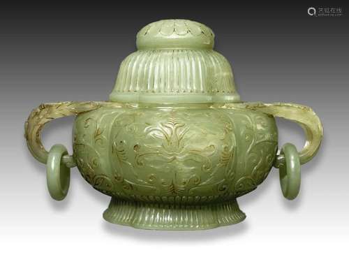 A CHINESE CARVED FLORAL MUGHAL STYLE JADE CENSER, QING DYNAS...