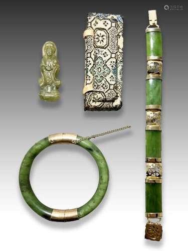 A SPINACH JADE BRACELET & BANGLE, AND A JADE BUDDHA, QIN...