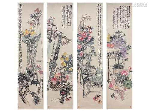 WU CHANGSHUO, FOUR-PANEL OF FLOWER ARRANGEMENT