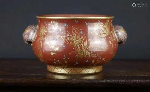RUST RED GLAZED GOLD PAINTED DOUBLE-EAR CENSER