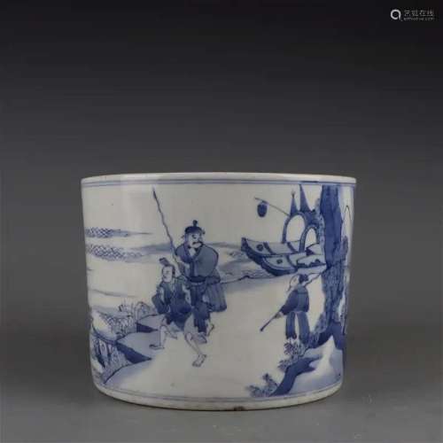 BLUE AND WHITE FIGURES BRUSH POT