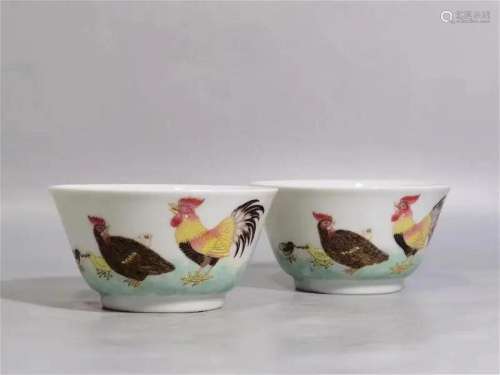 CHINESE DOUCAI CHICKEN CUPS, PAIR
