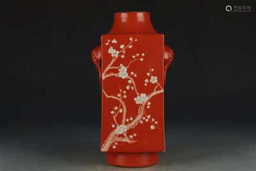 CORAL-RED GLAZED WITH ELEPHANT EARS CONG VASE