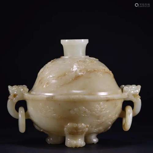 JADE CARVING OF TRIPOD INCENSE BURNER & RING EAR