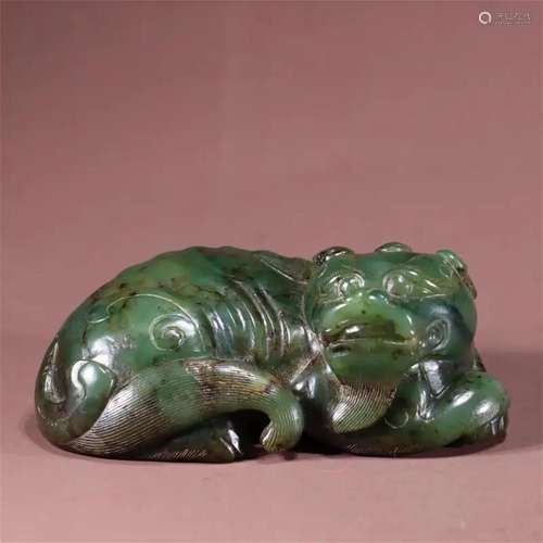 SPINACH JADE CARVING OF RECUMBENT BEAST