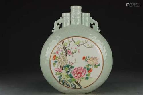 CELADON FAMILLE ROSE THREE-TUBE MOONFLASK VASE