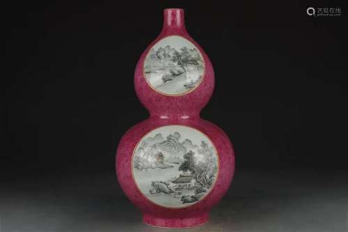 CARMINE RED FAMILLE ROSE DOUBLE GOURD VASE