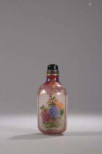 CHINESE GLASS SNUFF BOTTLE & FOUR SEASONS FLOWERS
