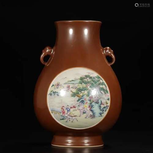 SOY GLAZED FAMILLE ROSE ZUN VASE WITH DOUBLE EAR