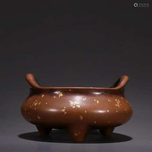 GOLD-FLECKED DOUBLE EAR TRIPOD BRONZE CENSER