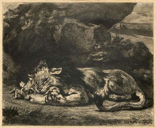 Delacroix (nach), Eugène Löwe, einen Hasen verschl…