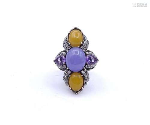 SILBER RING MIT GELBER UND LAVENDEL JADE, SEITLICH AMETHYSTE