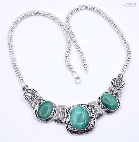 SILBER COLLIER MIT MALACHIT CABOCHONS, STERLING SILBER 0.925