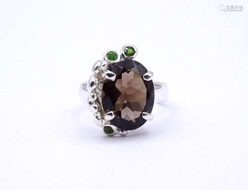 HANDGEFERTIGTER DESIGNER RING MIT EINEN OVAL FACC. RAUCHQUAR...