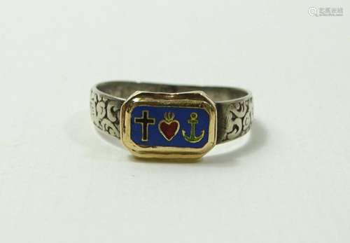 ALTER SILBER + GOLD RING, EMAILLIERTE FRONTMONTUR, "GLA...