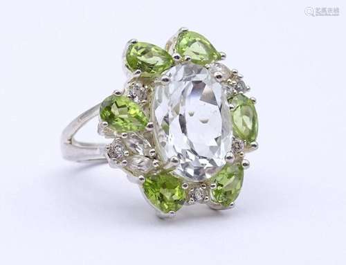 SILBER RING MIT PERIDOTS UND WEISSTOPASE,STERLING SILBER 0.9...