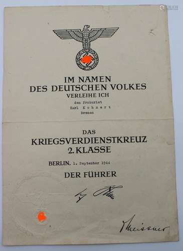 VERLEIHUNGSURKUNDE, KRIEGSVERDIENSTKREUZ 2. KLASSE