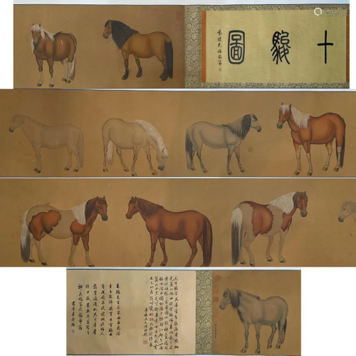A Chinese Handscroll of Horses Signed Lang Shining