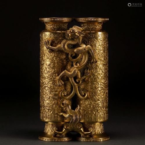 A Chinese Bronze-gilt Conjoined Vases Qing Dyn.