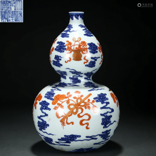 A Chinese Underglaze Blue and Iron Red Vase Qing Dyn.