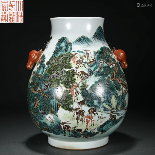 A Chinese Famille Rose Hundred Deers Zun Vase Qing Dyn.