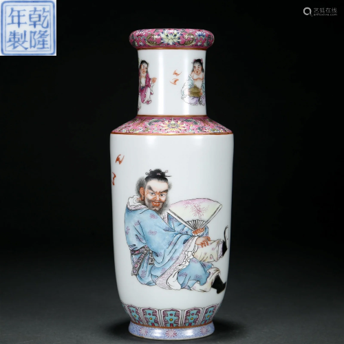 A Chinese Famille Rose Figural Story Mallet Vase Qing Dyn.