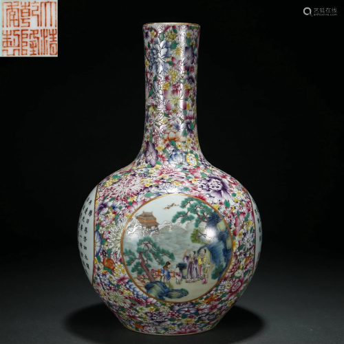 A Chinese Famille Rose Landscape Globular Vase Qing Dyn.